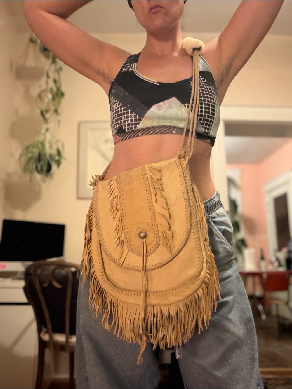 Mealey’s Pitic Leather Suede & Silver Fringe Hobo Bag with shearling wool strap